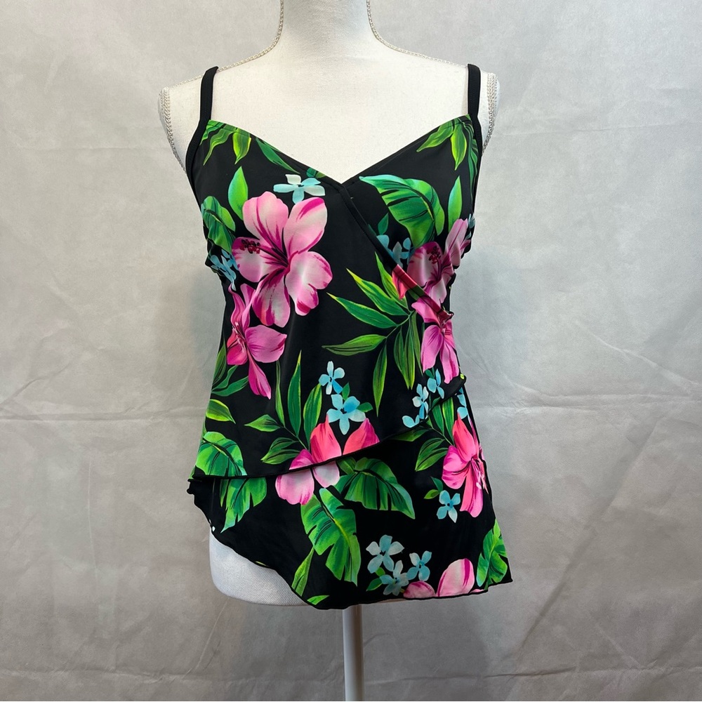 Caribbean Joe Womens Swim Top Tropical Floral Black Printed Tankini Size S